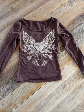 Brown Long Sleeve Top with Winged Heart Graphic